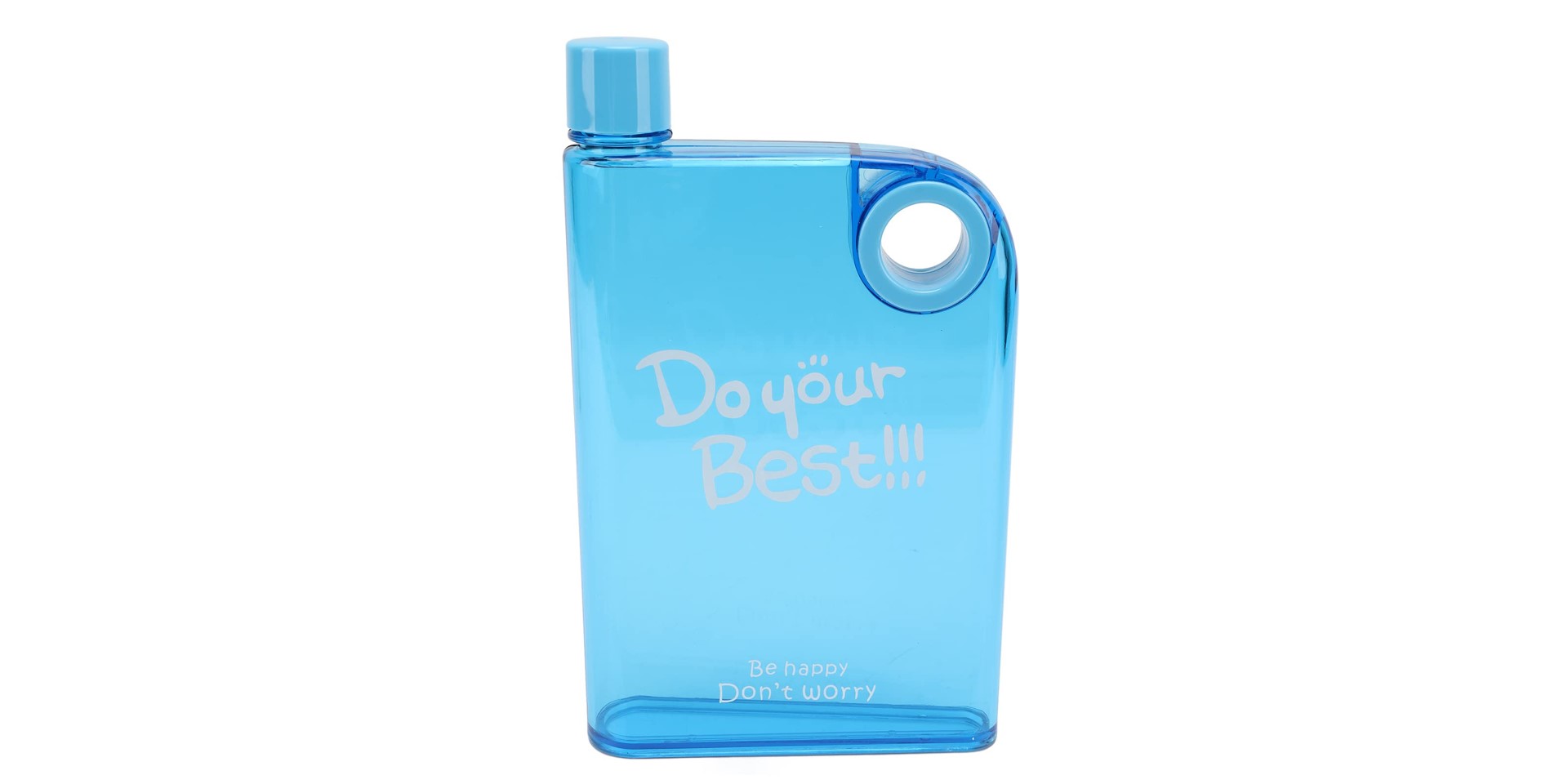 Bouteille d'eau bleu transparente de forme prisme à base rectangulaire avec un trou tranversant la bouteille en haut à droite. Le bouchon est en haut à gauche et il est écrit au milieu: Do your best!!! Il est écrit en bas: Be happy, Don't worry