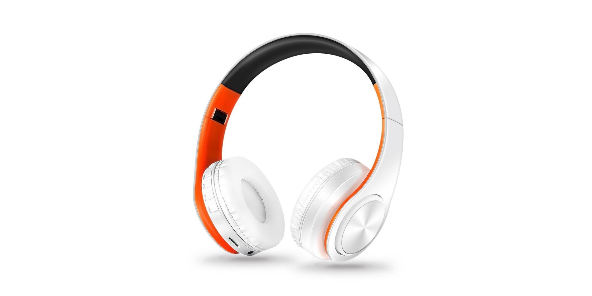 Écouteur à 2 oreilles à coussinets comportant 8 options sur l'oreille droite, sans fil et rechargeable. Les coussins et l'oreille sont en plastique et sont blancs. De l'intérieur, le haut est noir et le reste est orange. De l'extérieur, tout est blanc.